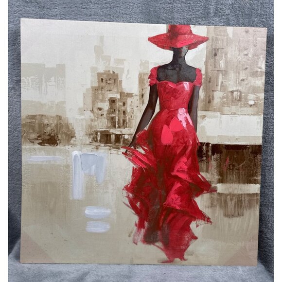 Red Lady In Cityscape Canvas Art Print - Picture 1 of 6